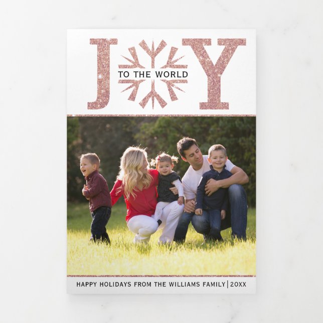 Joy to the world rose gold glitter Christmas photo Tri-Fold Holiday Card (Cover)