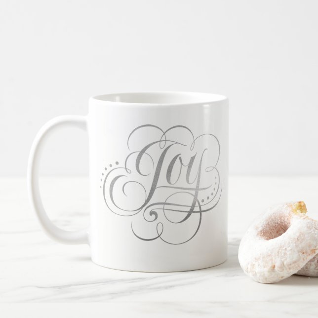 Joy to the World - Silver Christmas Calligraphy Coffee Mug (With Donut)