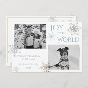 Joy to the World Snowflake Two Photo Christmas Holiday Card