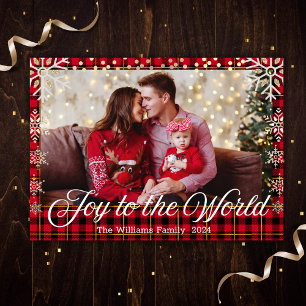 joy to the world, snowflakes buffalo plaid photo holiday card