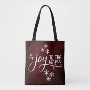 Joy to the World Typography and Snowflakes Tote Bag