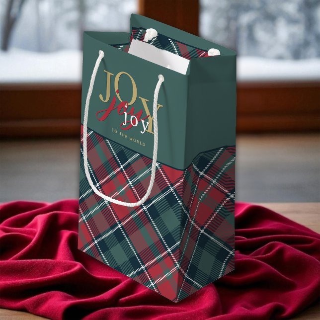 Joy to the World Typography Rustic Plaid Small Gift Bag (Creator Uploaded)