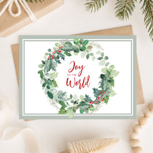 Joy to the World Watercolor Winter Wreath Holiday Card