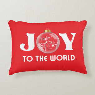Joy to the World with Christmas Ball White Text Decorative Cushion