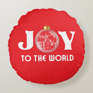 Joy to the World with Christmas Ball White Text Round Cushion
