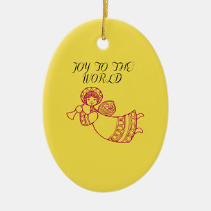 Joy to the World With Jubliant Angel Outline Red Ceramic Ornament