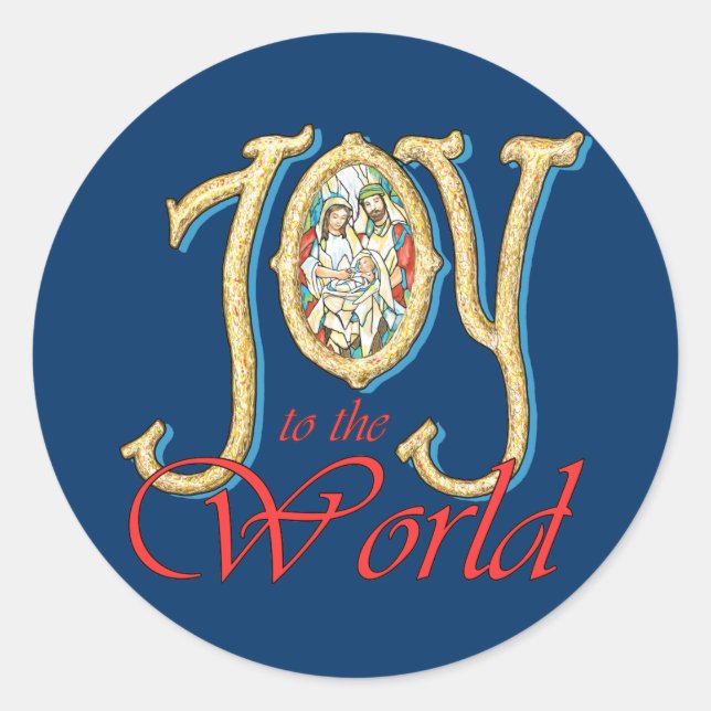 Joy to the World with Stained Glass Nativity Classic Round Sticker (Front)