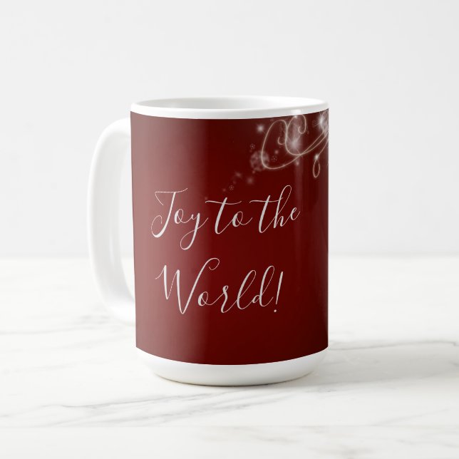 Joy to the World with White Snowflakes on Red Coffee Mug (Front Left)