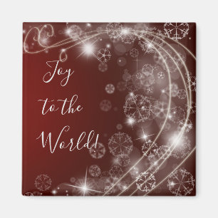 Joy to the World with White Snowflakes on Red Magnet
