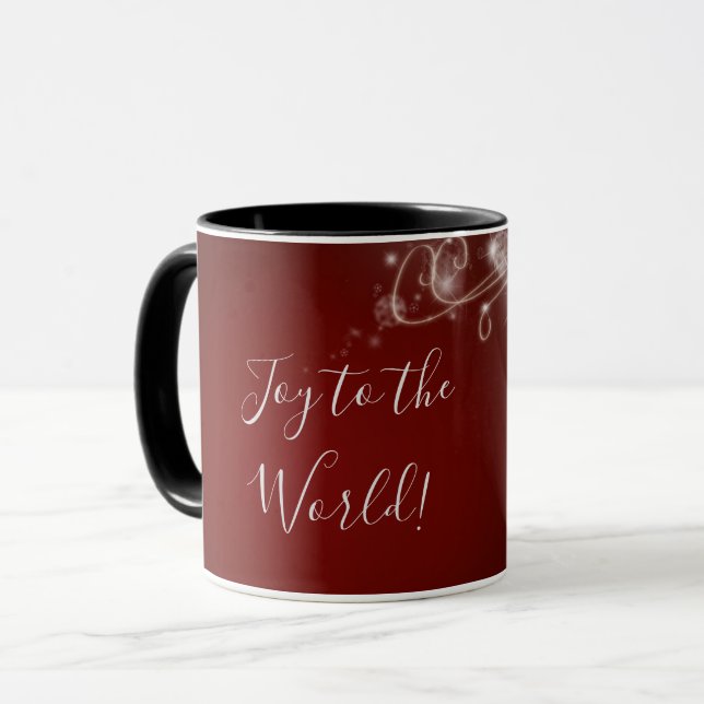 Joy to the World with White Snowflakes on Red Mug (Front Left)