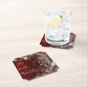 Joy to the World with White Snowflakes on Red Paper Coaster