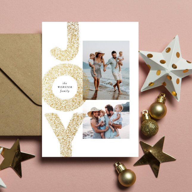 Joy two photo Christmas faux gold speckle modern Holiday Card (Creator Uploaded)