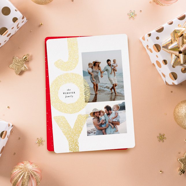 Joy two photo speckle gold modern Christmas  Foil Holiday Card (Creator Uploaded)