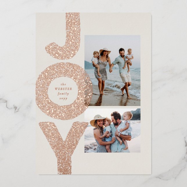 Joy two photo speckle rose gold modern Christmas Foil Holiday Card (Front)