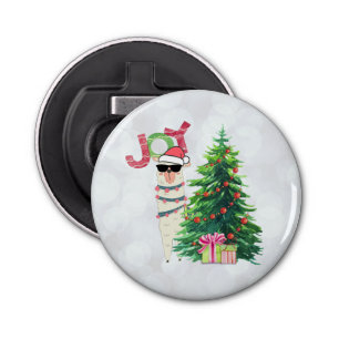 Joy Typography   Christmas Llama behind a Tree Bottle Opener