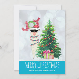 Joy Typography   Christmas Llama behind a Tree Holiday Card