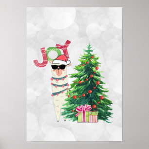 Joy Typography   Christmas Llama with Tree Poster