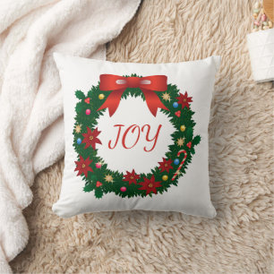 "Joy" Typography Christmas Wreath Cushion