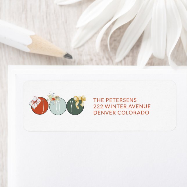 Joy typography colourful Christmas return address Label (Insitu)
