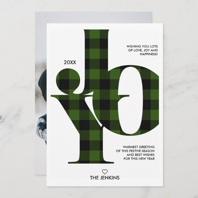 Joy Typography Green Buffalo Plaid  Photo Holiday Invitation (Front/Back)