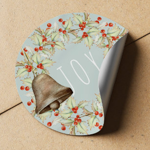 JOY Typography Holly Berries Wreath Blue Christmas Classic Round Sticker