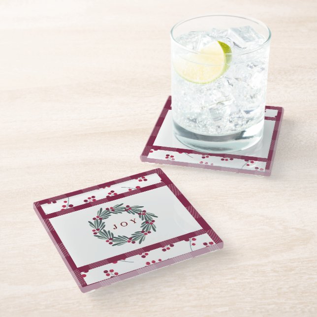 “JOY” Typography Holly Berry Wreath Holiday Glass Coaster (Angled)