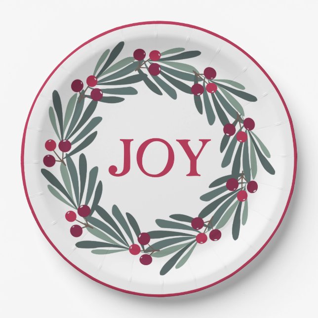 “JOY” Typography Holly Berry Wreath Red Paper Plate (Front)