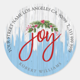 Joy typography on rustic painted wood classic round sticker