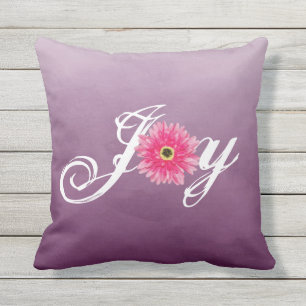 Joy Typography Pink Gerbera Daisy Flower on Purple Cushion