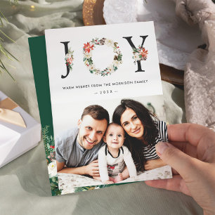 JOY Typography Poinsettia Floral Christmas Photo Holiday Card