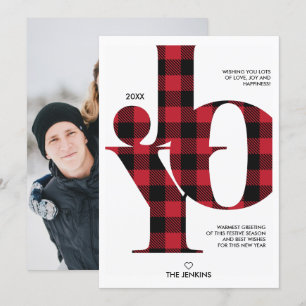 Joy Typography Red Buffalo Plaid  Photo Holiday Invitation