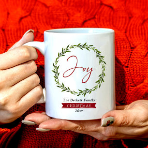 Joy Typography Script Christmas Wreath Holiday Coffee Mug