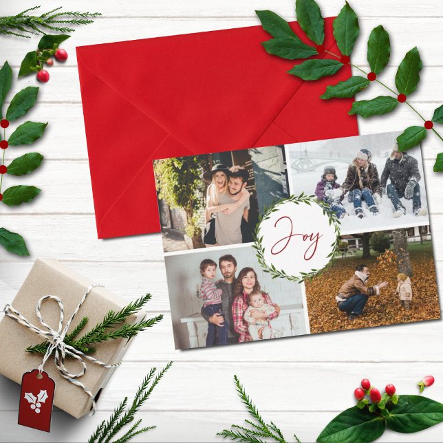 Joy Typography Script Wreath 4 Photo Christmas Holiday Card (Creator Uploaded)