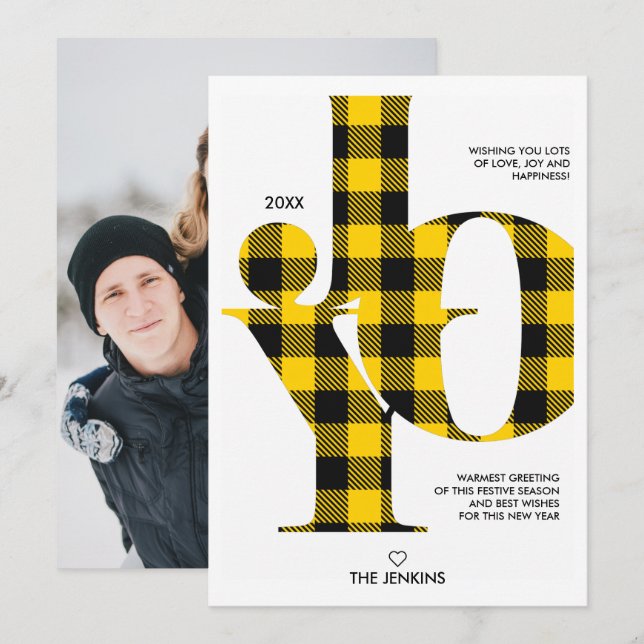 Joy Typography Yellow Buffalo Plaid  Photo Holiday Invitation (Front/Back)