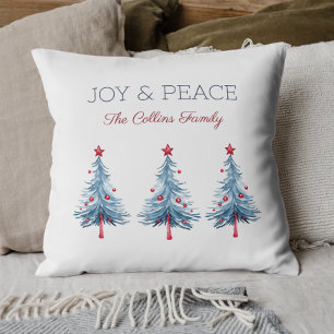 Joy Watercolor  Blue Christmas Tree Modern Script Cushion