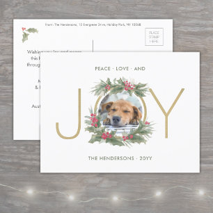 JOY Watercolor Christmas Wreath Custom Photo Gold Holiday Postcard