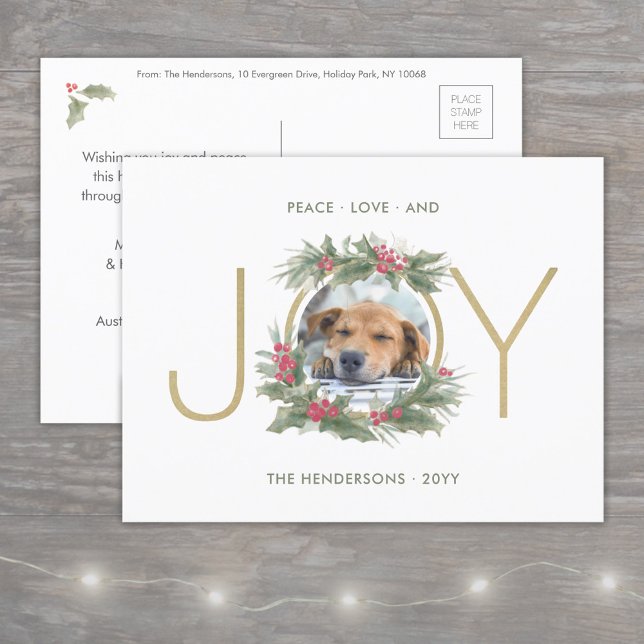 JOY Watercolor Christmas Wreath Custom Photo Gold Holiday Postcard (Creator Uploaded)