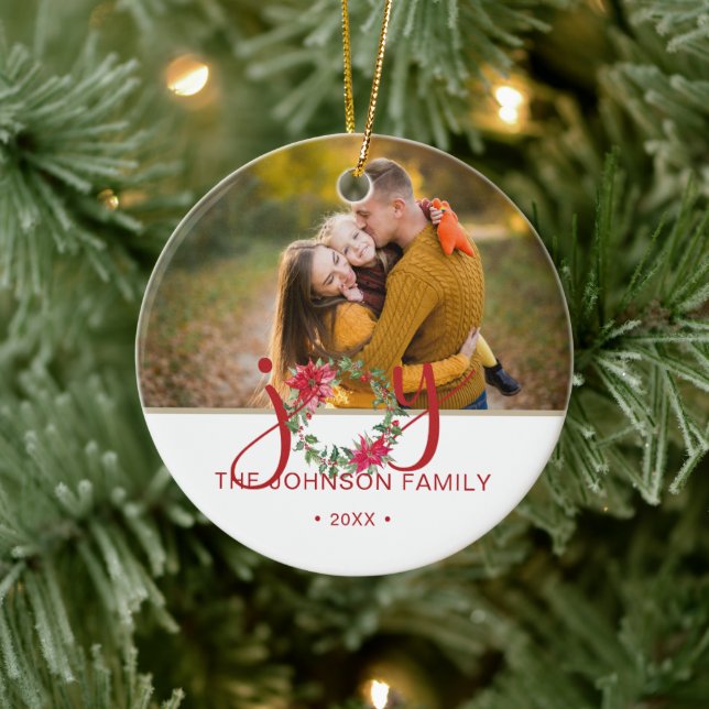 JOY Watercolor Christmas Wreath Photo Ceramic Ornament (Tree)