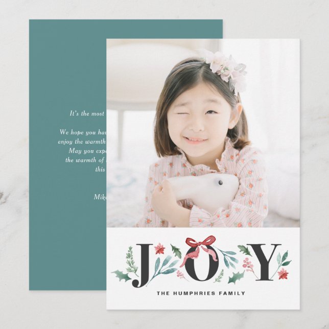 JOY Watercolor Holiday Foliage and Flowers Photo Card (Front/Back)