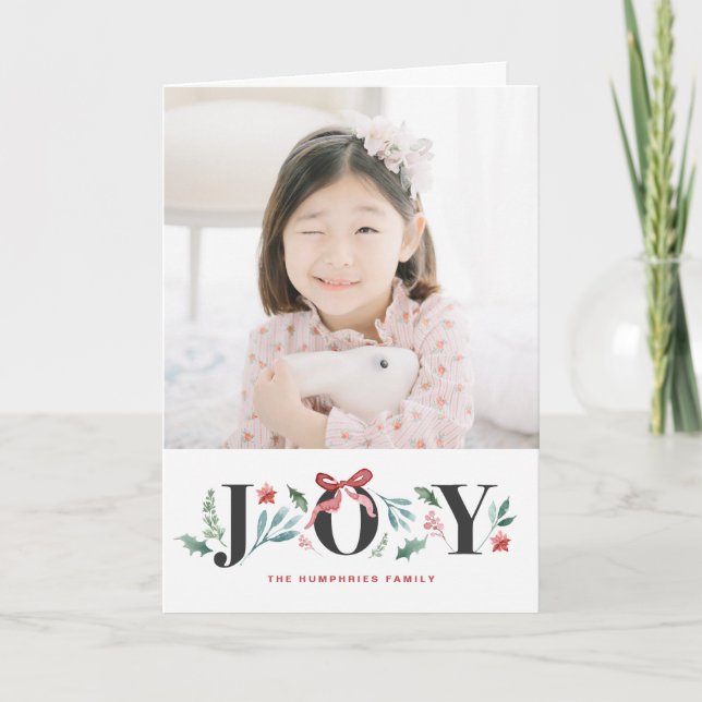 JOY Watercolor Holiday Foliage and Flowers Photo Card (Front)