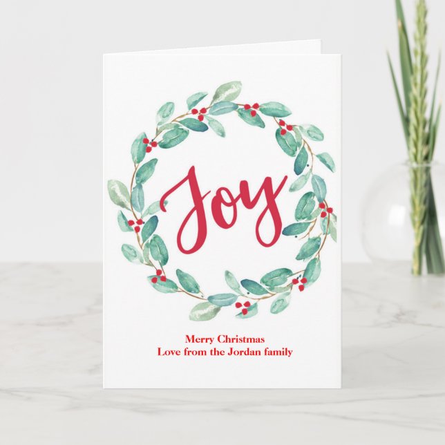 Joy watercolor holly wreath Christmas Card (Front)