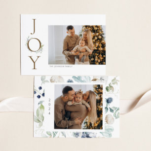 Joy Watercolor Winter Florals 2 Photos Holiday Card