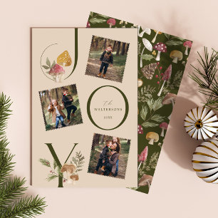 Joy Watercolor Woodsy Mushrooms 3 Photo Collage Holiday Card