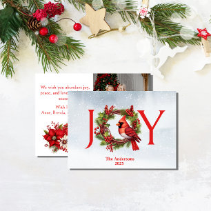 Joy Watercolor Wreath with Red Cardinal   1 Photo  Holiday Card