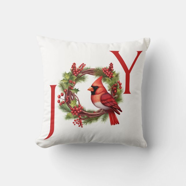 Joy | Watercolor Wreath with Red Cardinal Cushion (Front)