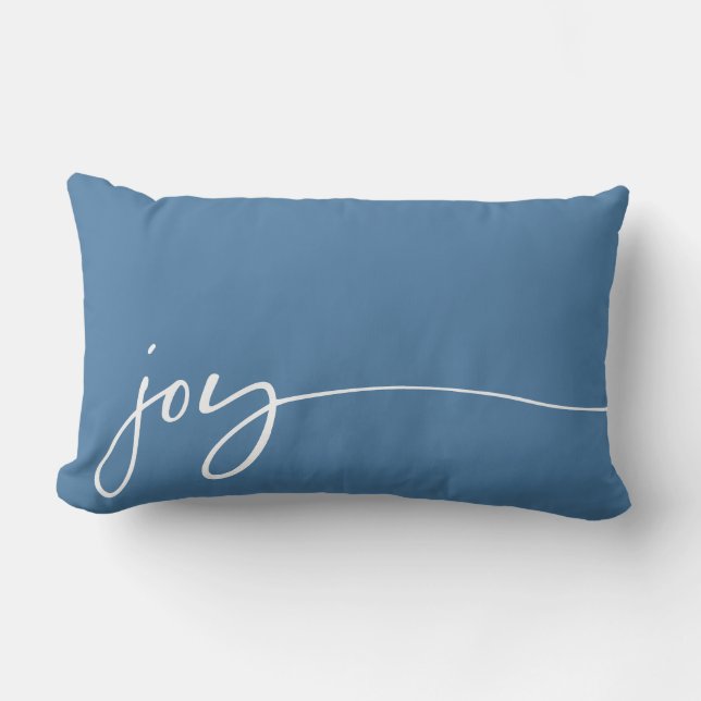 Joy Winter Blue Elegant Calligraphy Script Lumbar Cushion (Front)