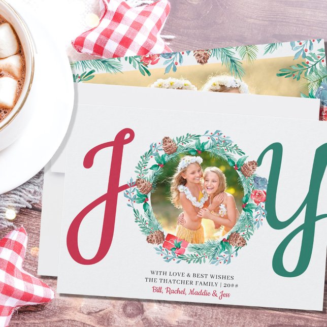 JOY Winter Foliage 2 Photo Watercolor Holiday Card (Creator Uploaded)