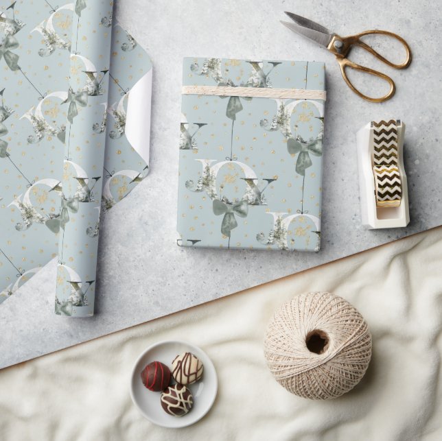 Joy Winter Forest Font Gold Snow Ornament Blue Wrapping Paper (Crafts)