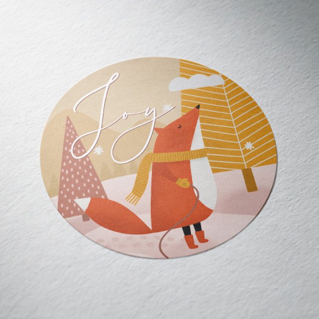Joy Winter Holiday | Cute Christmas Woodland Fox Classic Round Sticker (Creator Uploaded)