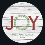 Joy Winter Wreath Family Christmas  Classic Round Sticker<br><div class="desc">Beautiful greenery wreath "Joy"  family customisable stickers.</div>